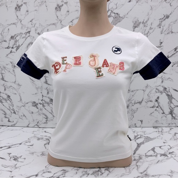 Women's Pepe Jeans White | Navy Signature Tee Shirt - Picture 1 of 4